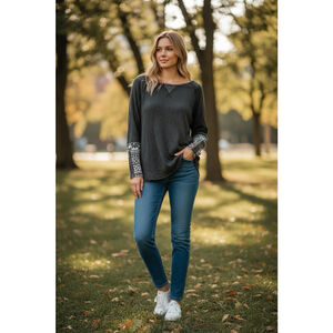 Soft Surroundings Tao Thermal Tunic Top Medium Washed Black Button Pattern Cuff